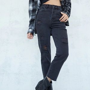 Black High Rise Straight Leg Ripped Jeans